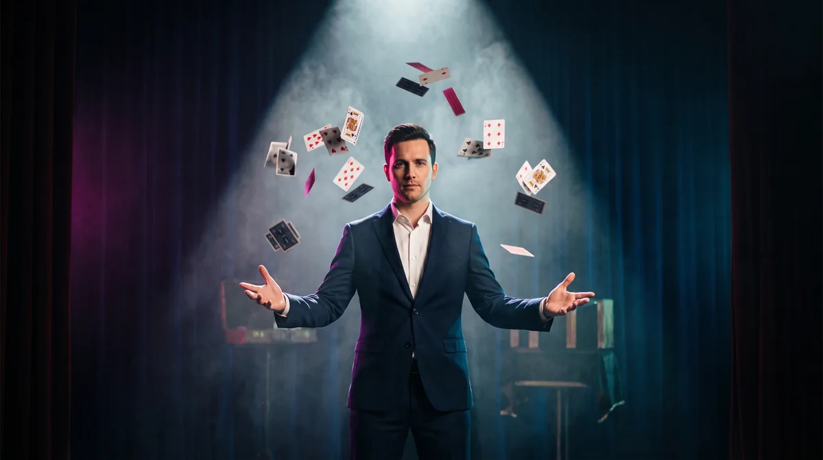 A magician in a dark tailored suit mid-illusion, playing cards suspended in the air around him
