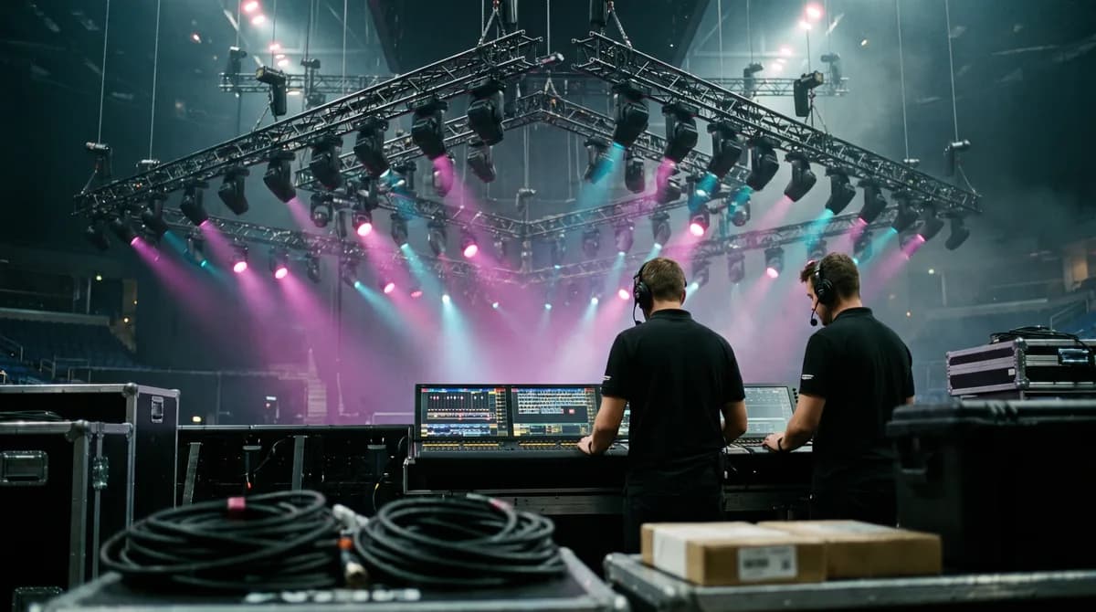 Two technicians in crew shirts working a lighting console beneath overhead truss and moving-head fixtures